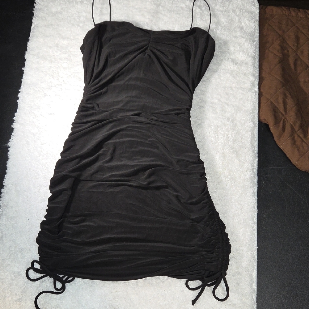 Windsor Black Ruched Spaghetti-Strap Mini Dress with Drawstrings